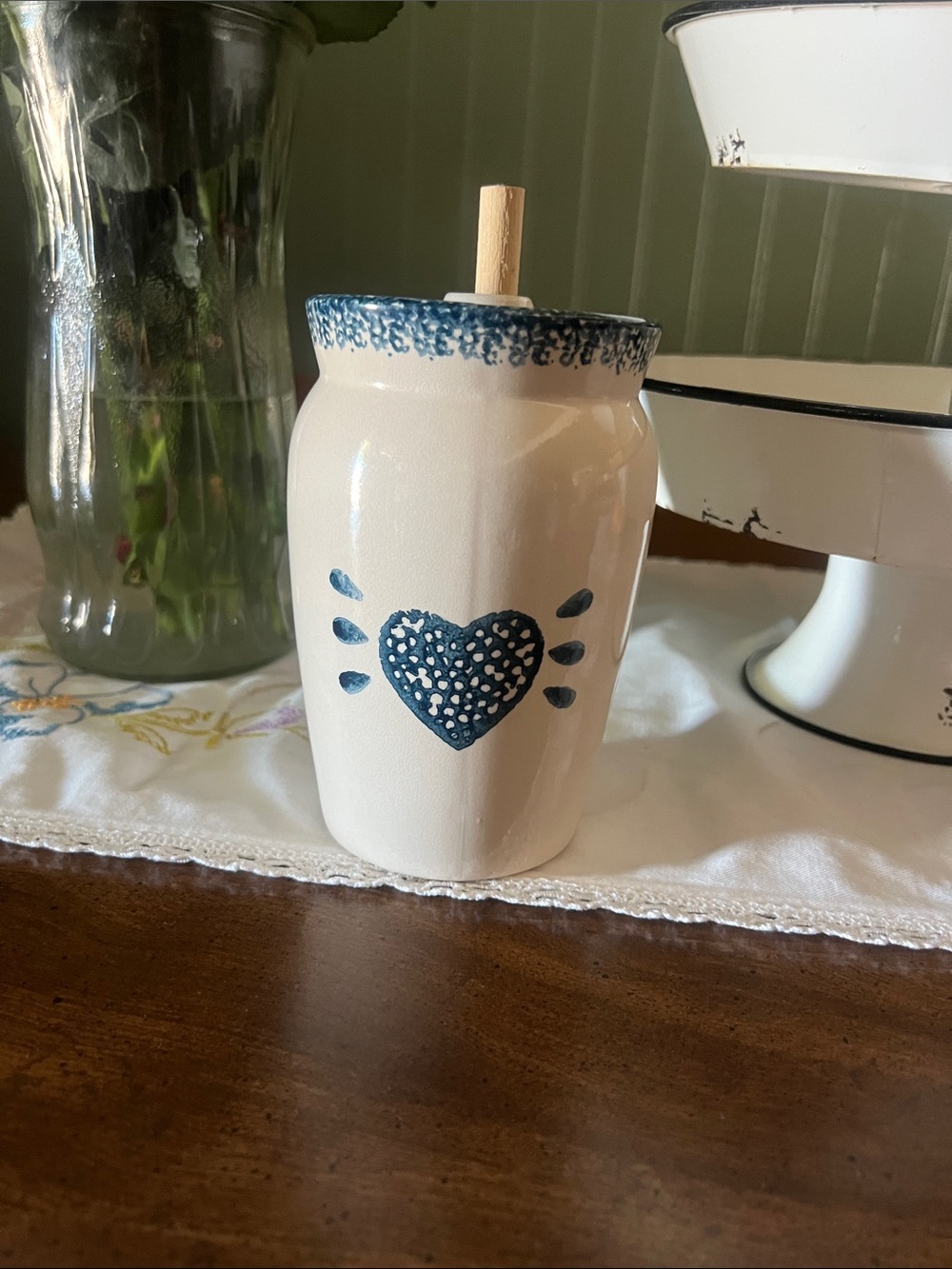 Hand-Painted Blue Heart Ceramic Jar by